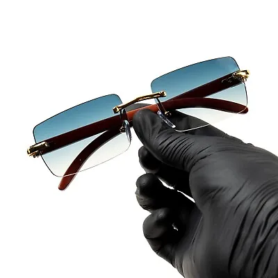 Rectangle Turquoise Gradient Tint Rimless Gold Frame Retro Woodgrain Sunglasses • $15.99