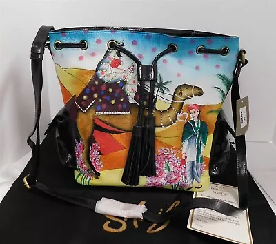 New Sharif Handpainted Leather Arabian Theme Drawstring Bucket Crossbody Bag • £106.16