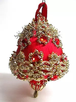 Vintage Handmade Christmas Bell Ornament Red And Gold • $4.88