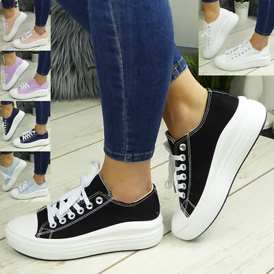 Canvas Trainers Shoes Sneakers Platform Lace Up Ladies Womens Pumps Boots Casual • £14.99