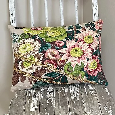Floral Barkcloth Throw Pillow With Gold Scallop 12x16 • $34