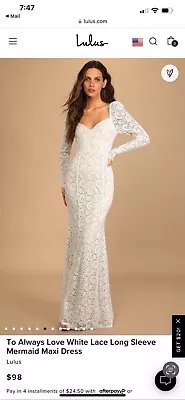 Lulu Women’s Size Large To Always Love White Lace Long Sleeve Mermaid Maxi Dress • $80