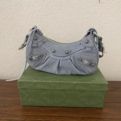 Small Denim-like Leather Moto Bag Punk Grommet Convertible Crossbody • $128