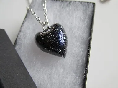 Handmade Unusual Unique Dark Navy Blue & Silver Glitter Heart Pendant Necklace • £5.50