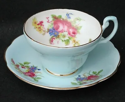 E.b. Foley England Vintage Tea Cup And Saucer Rose Floral W/ Blue & Gold Trim   • $17
