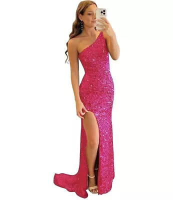 One Shoulder Sequin Prom Dress Long Sleeve - Mermaid Formal Evening -Size 6 • $48.88