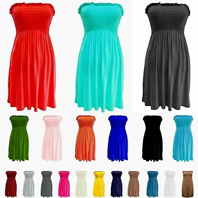 Ladies Strapless Sheering Boob Tube Gather Bandeau Top Summer Mini Dress • £7.49