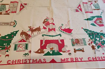 Vintage Christmas Tablecloth Xmas Santa Reindeer Children Merry Christmas 42x49 • $105