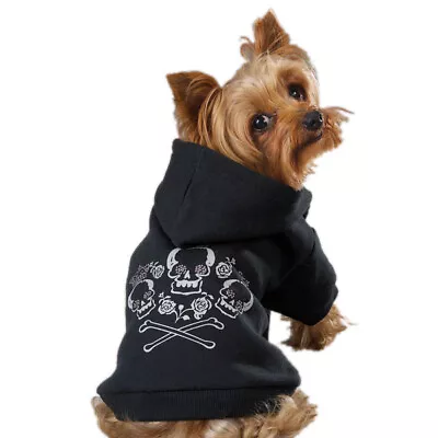 Pullover Skull Crowns Roses Rhinestones Black Hoodie Dog Jacket Coat MEDIUM • $17.09