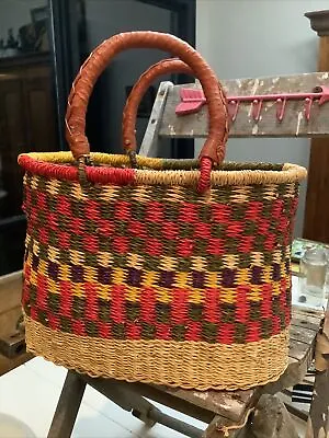 Vintage Ghanan Hand Woven Multi-Colored Basket W/leather Handles 8.5x12.5x7.5” • $34