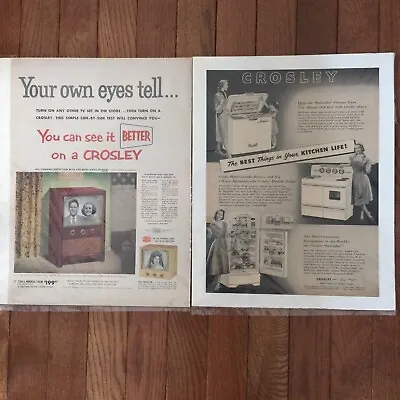 2 Vintage Crosley Freezer Fridge Electric Range Tv Print Ads 1950’s • $6.99