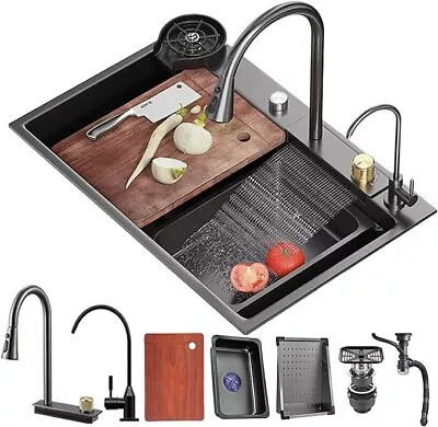 Flying Rain Stainles Steel Watefall Kitchen Sink W PullDown Faucet Black31.5INCH • $100