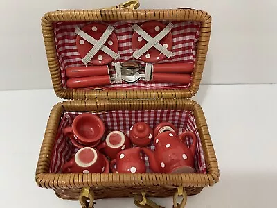 VTG Miniature Wicker Picnic Basket & 15 Pc Ceramic Tea Set Red/White Polka Dots • $27