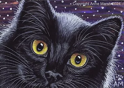 ACEO Original Black Cat Kitten Painting O Starry Night Anne Marsh Feline Art • £29.99