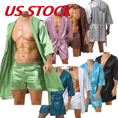 US Men' Satin Kimono Robe Silk Classic Short Bathrobe / Open Front Hooded Robes • $18.35