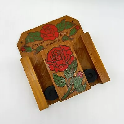 Vintage Broom Mop Holder Organizer Wood Handmade Red Roses 1950s Retro Storage • $25.60