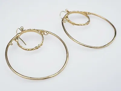 Modernist 9k Yellow Gold Open Circle Dangle Hoop Earrings 1.6  Jean Mahie EG1638 • $1457.49