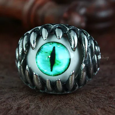 Mens Punk Dragon Teeth Turquoise Cat Snake Reptile Eye 316L Stainless Steel Ring • $8.99