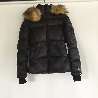 S13 New York Kylie Hood Puffer Jacket Black Down Feather Faux Fur Trim Size S • $49