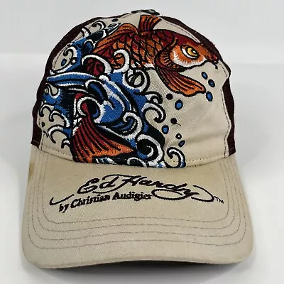 Don Ed Hardy Hat Cap SnapBack Beige Mesh Koi Fish Mens • $48.88