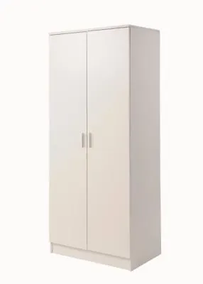 Tall Wooden 2 Door Wardrobe White Bedroom Storage Hanging Bar Clothes • £139.99