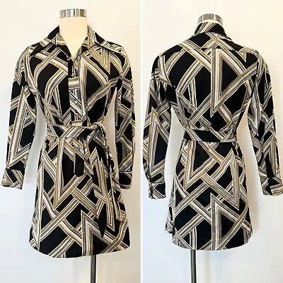 Vintage 60s 70s Lanvin Op Art Black Tan White  Geometric Print Shirt Dress 10 • $265