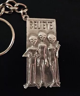 Pewter Believe Alien ET UFO Outer Space Silver Metal Keychain A • $6.95