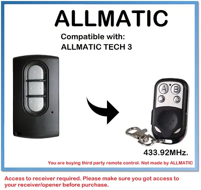 For ALLMATIC TECH 3 Remote Control Rolling Code 433.92MHz. • £9.99