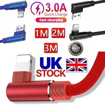 USB Lead For Apple IPhone IPad 90° Elbow Fast Charge Charger Data Cable 1M 2M 3M • £4.65