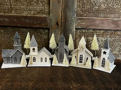 Primitive Colonial Christmas Light Up Snowy Church Putz House Mica Snow 9 Pc Set • $49.50