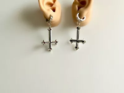 Inverted Upside Down Cross Red Points Earrings Jewelry Goth Death Satanic Occult • £12.95