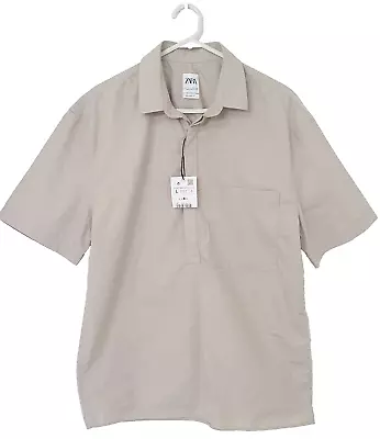 ZARA Men's NEW Short Sleeve Buttonfront Shirt Beige Khaki Size L • $19.95