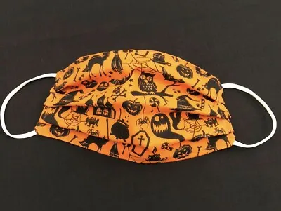 Crafted Washable Fabric Face Mask Covering Adults Kid Halloween Orange Cat Witch • £6.30