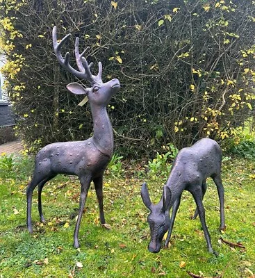 Large Stag And Doe Deer Garden Sculptures Cast Aluminium With Aged Finish • £249.99