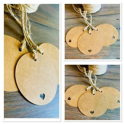 £4.49 • Buy 25/50/100 Rustic Brown Kraft Tags Heart Motif & Jute String Wedding Tags 3 INCH