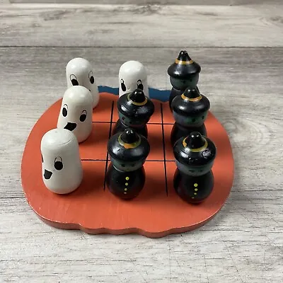 Vintage Wooden Pumpkin Witch Ghost Tic Tac Toe Board Game Halloween Decor • $24.99