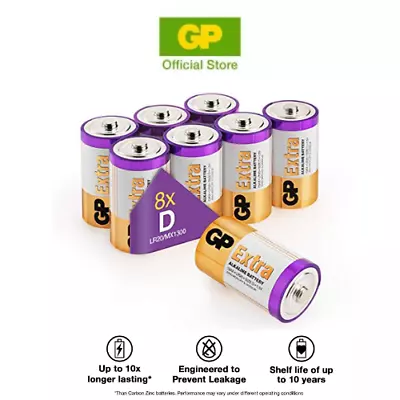 GP Extra Alkaline D Batteries LR20 Batteries 1.5V Type D Cell Size Pack Of 8 • $28.43