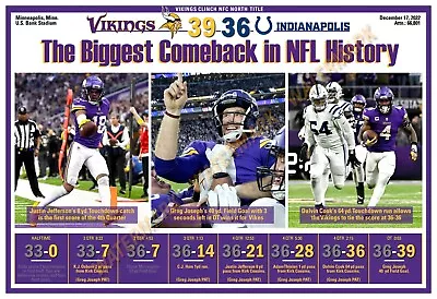 VIKINGS STAGE BIGGEST COMEBACK IN NFL HISTORY 19”x13” COMMEMORATIVE POSTER • $15.95