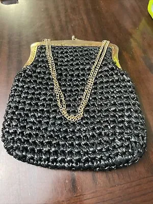 Vintage Black Raffia Woven Chain Handle Handbag Purse Gold Kiss Lock Close • $12.71