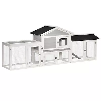 2 Tier Wooden Rabbit Hut W/ Tray Ramps Run Area Asphalt Roof For Outdoor Grey • £139.99