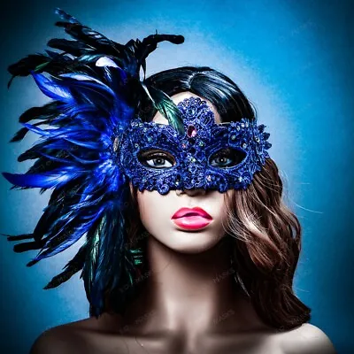 Blue Side Feather Venice Carnival Masquerade Venetian Mardi Gras Women Eye Mask • $24.90