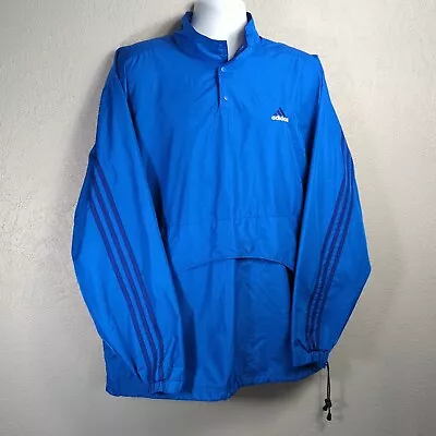 Adidas Jacket Mens Large L Blue Pullover Windbreaker Raincoat 3 Stripe 2 Pocket • $29.88