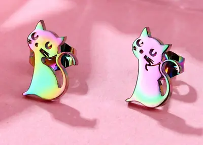 Cat Earrings Rainbow Effect Stainless Steel Multicoloured One Pair • £4.50