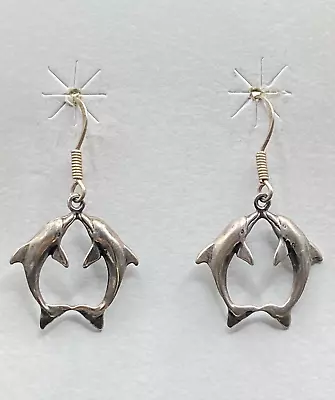 Vintage Sterling Silver Double Dolphin Kissing Dangle Earrings • $32