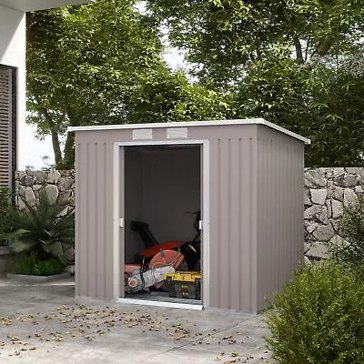 7 X 4ft Lean To Metal Garden Storage Shed W/ Doors Vents Sloped Roof Grey • £219.99