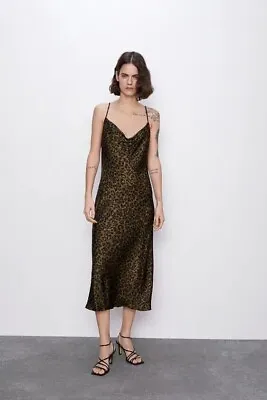Zara Leopard Flowing Camisole Midi Dress Satin Brown Black Women Size M 10 • £13