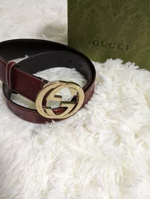 GUCCI Guccissima Interlocking G Buckle Leather Belt Size 85/34 Dark Brown Men • $207.90