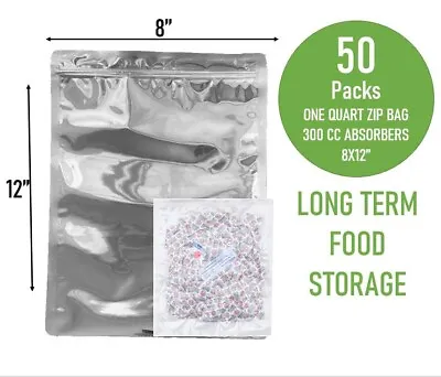 $20.99 • Buy (50) Resealable Mylar Food Storage Bags 8*12  Quart Size+300CC Oxygen Absorbers