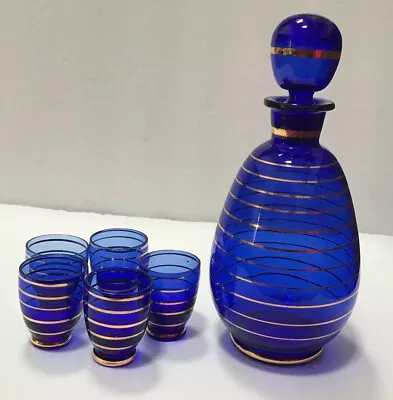 Vintage Bohemian Liquor Set Decanter And 5 Shot Glasses Cobalt Blue Gold Stripes • $45.99