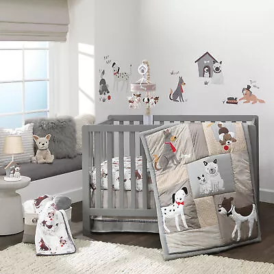 Lambs & Ivy Bow Wow Gray/Tan Dog/Puppy Nursery 4-Piece Baby Crib Bedding Set • $129.99